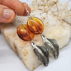 Long Silver Earrings Beeswax Cognac Resin Amber Leaf Light